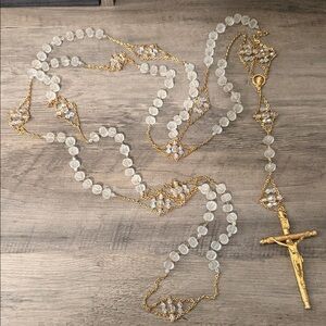 Catholic Guadalupe wedding lasso rosary white clear crystal beads gold-tone